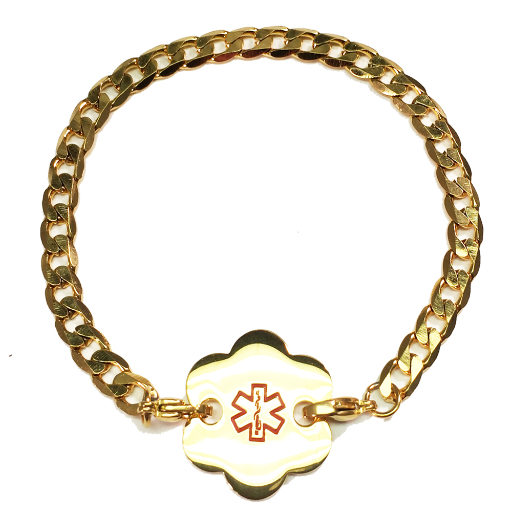Gold Plated Stainless Steel Curb Link Flower Charm Medical Alert Bracelet