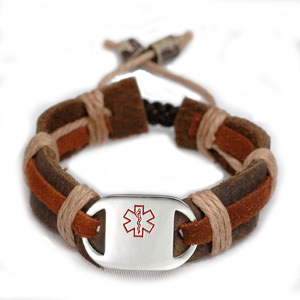 Dark Brown and Rust Color Leather and Hemp Child ID Medical ID Bracelet