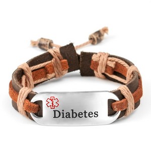 Dark Brown and Rust Leather DIABETES Medical Alert Bracelet