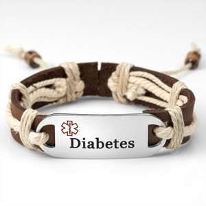 DIABETES Dark Brown Leather Medical Alert Bracelet