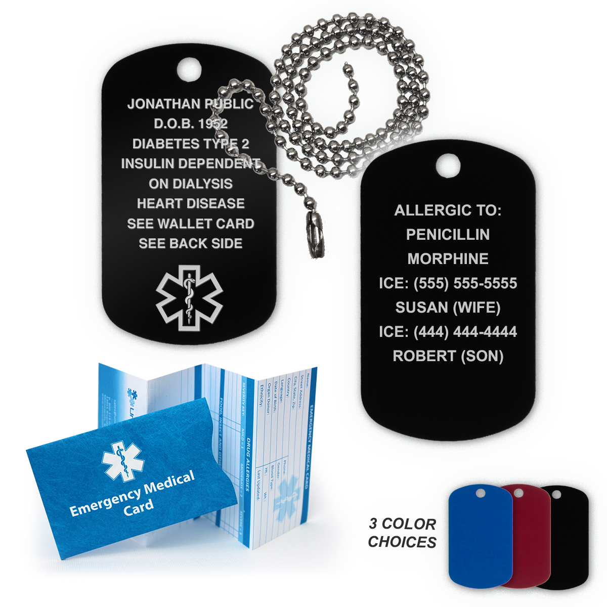 MEDICAL ALERT ALUMINUM DOG TAG NECKLACE FREE ENGRAVING DIABETIC ALLERGIES ICE 