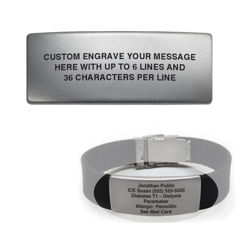Medical Alert Bracelet Trek Sport ID Personalized Custom Engraving Silicone Medical ID Bracelets Adjustable One Size Fits Most Stainless Steel ID Plate and Buckle Clasp Lauren's Hope 