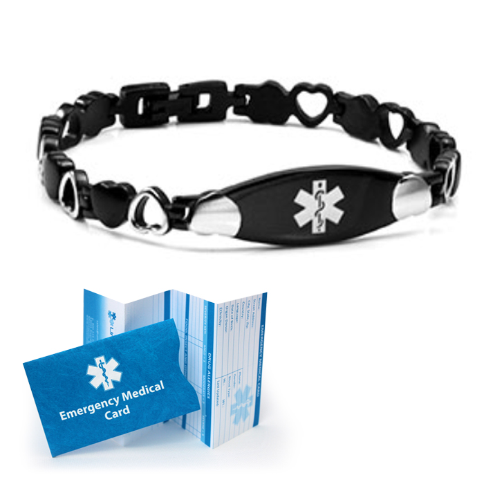 White Black/Steel Hearts My Identity Doctor Pre-Engraved & Customizable Alzheimer's Medical Bracelet 
