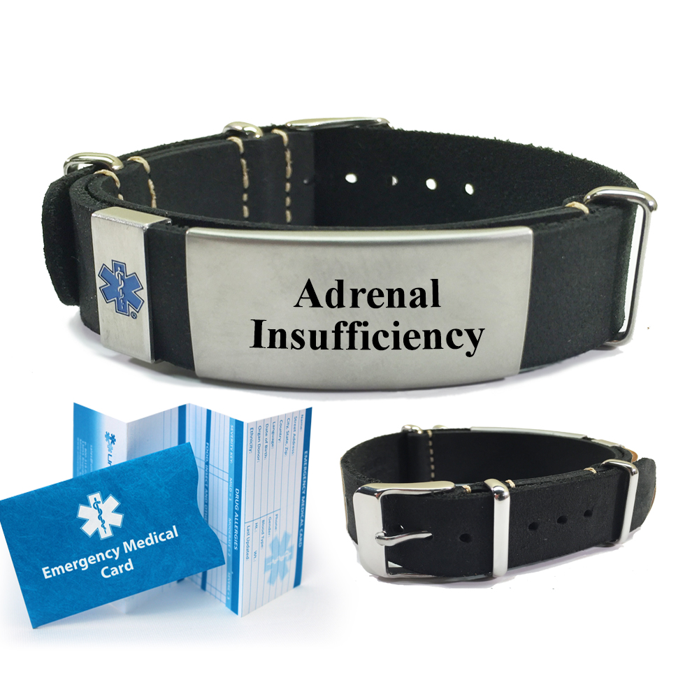 Pre-engraved ADRENAL INSUFFICIENCY Leather Nato Medical Alert Bracelet