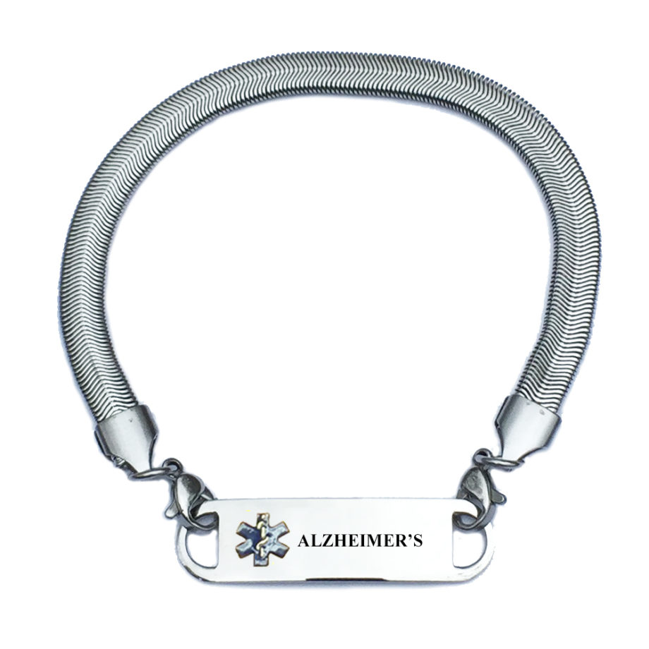 Preengraved “ALZHEIMER’S” stainless steel chevron pattern medical