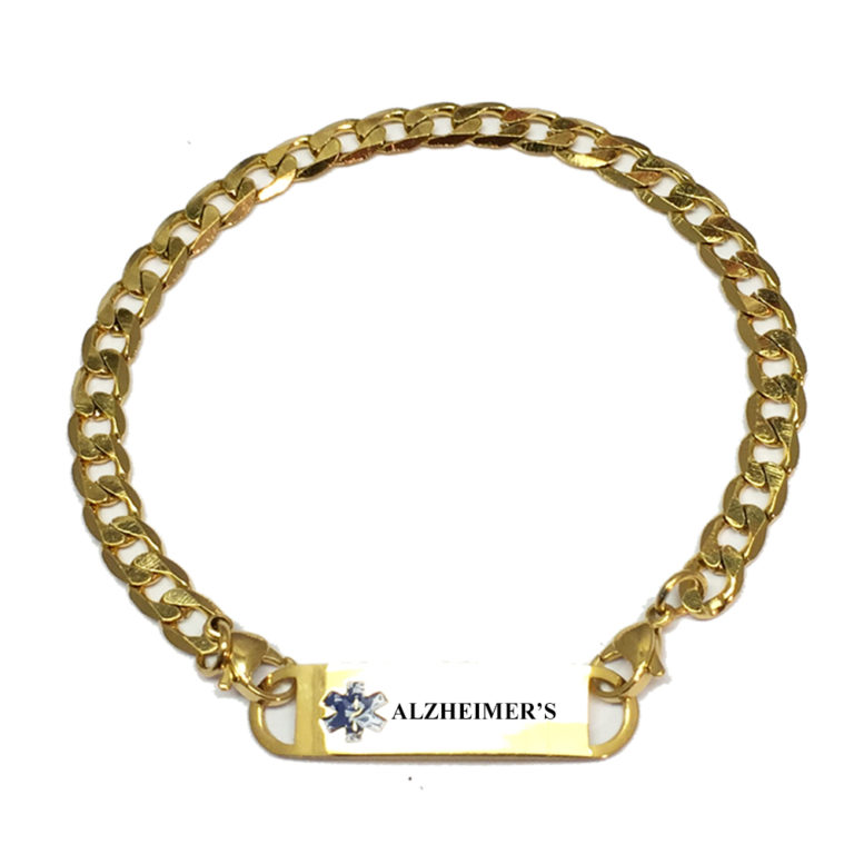 Preengraved “ALZHEIMER’S” gold plated curb link medical alert bracelet