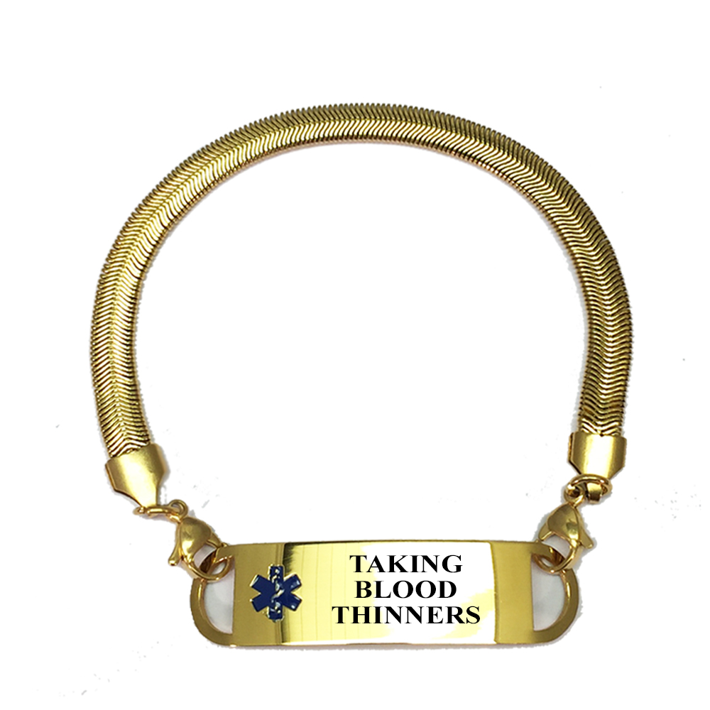 Pre-engraved “TAKING BLOOD THINNERS” gold plated chevron pattern ...