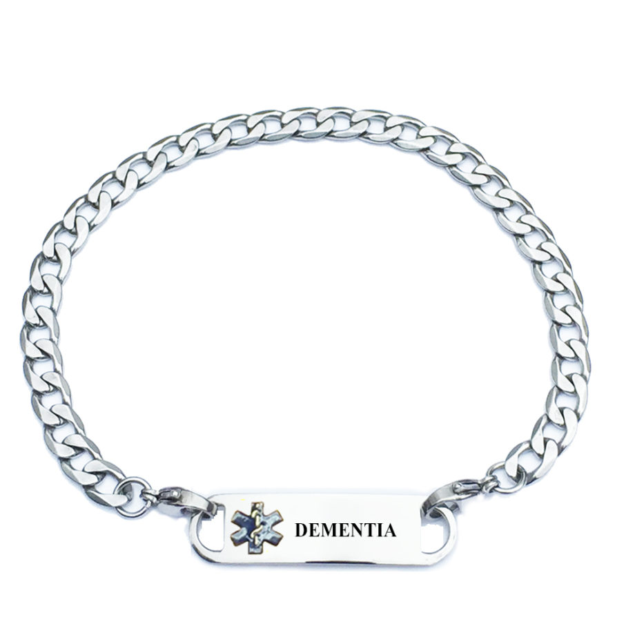 Preengraved “DEMENTIA” stainless steel curb link medical alert