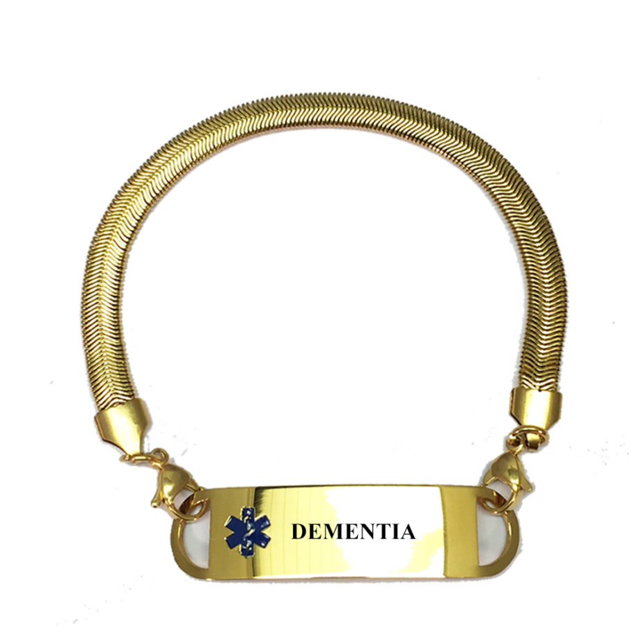 Preengraved “DEMENTIA” gold plated chevron pattern medical alert