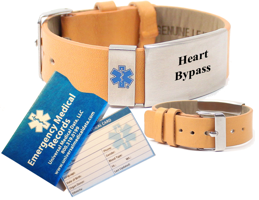 Preengraved “HEART BYPASS” TAN LEATHER Medical Alert Bracelet. Choose