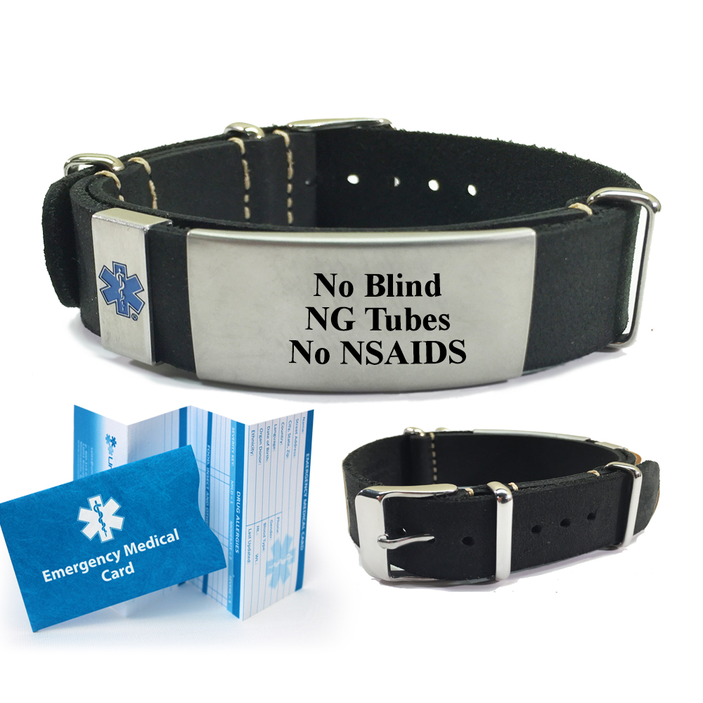 Pre engraved NO BLIND NG TUBES NO NSAIDS Leather Nato Style Medical 