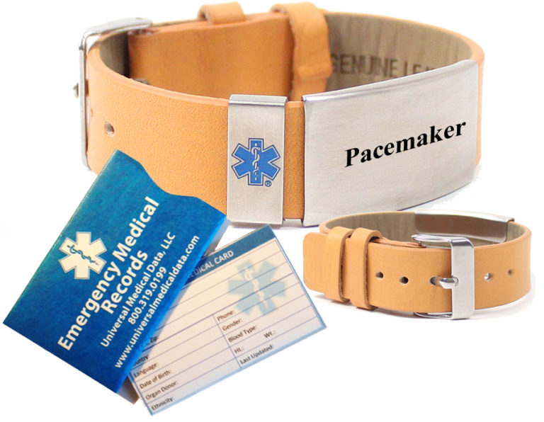Preengraved “PACEMAKER” TAN LEATHER Medical Alert Bracelet. Choose