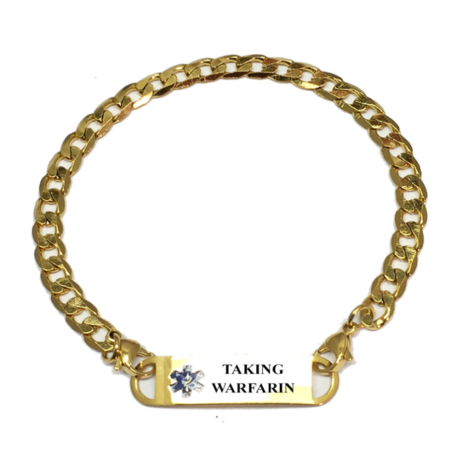 Pre-engraved “TAKING WARFARIN” gold plated curb link medical alert ...