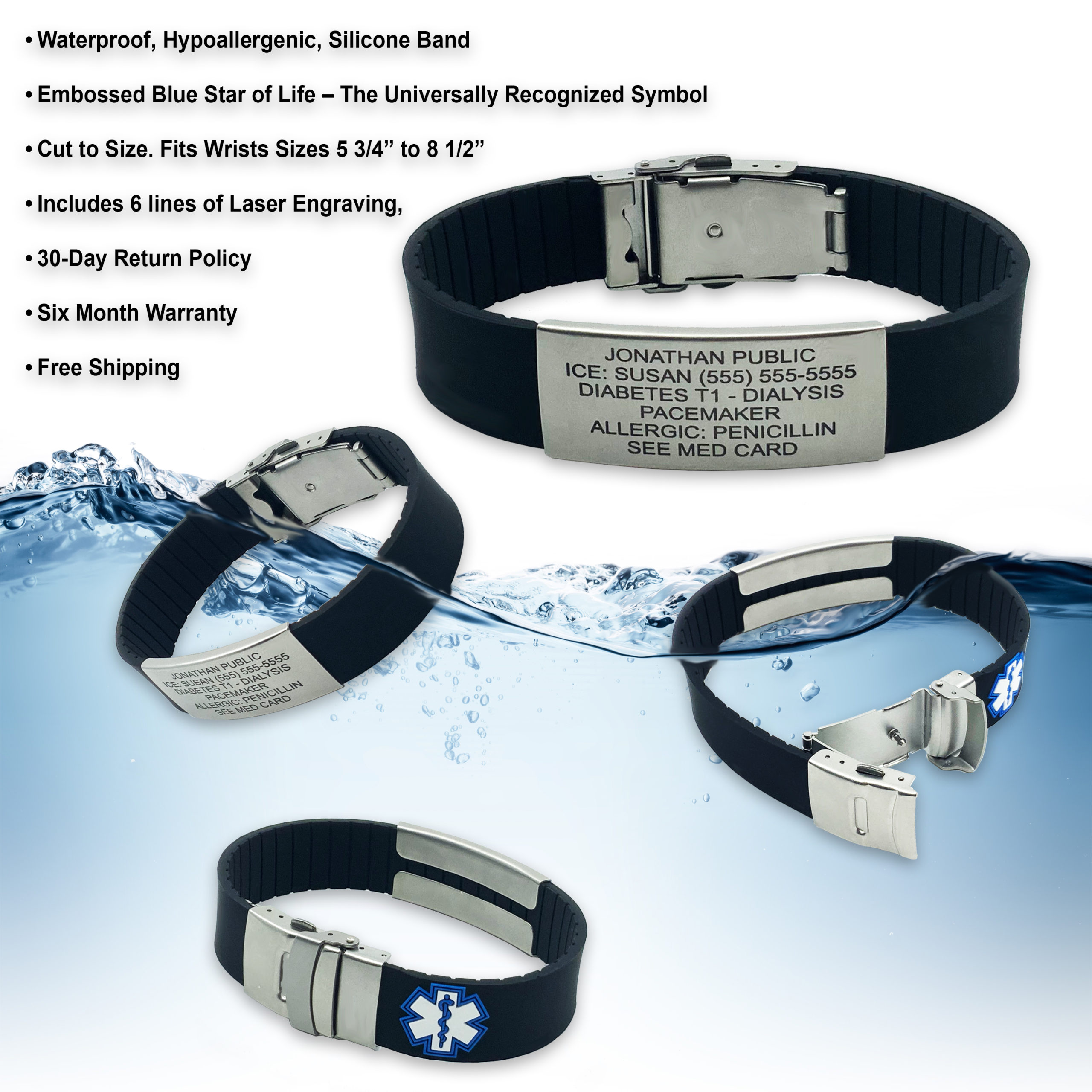 Love Jewelry Personalized 9 Inches Emergency ID Medical Bracelets for Men Engraved Wristband Silicone Sport Medical Alert Bracelets for Women 