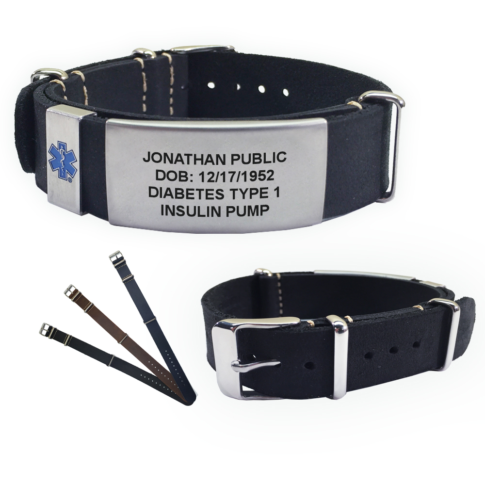 Leather Nato Medical Alert ID Bracelet – Top Grain! Custom Engraved!