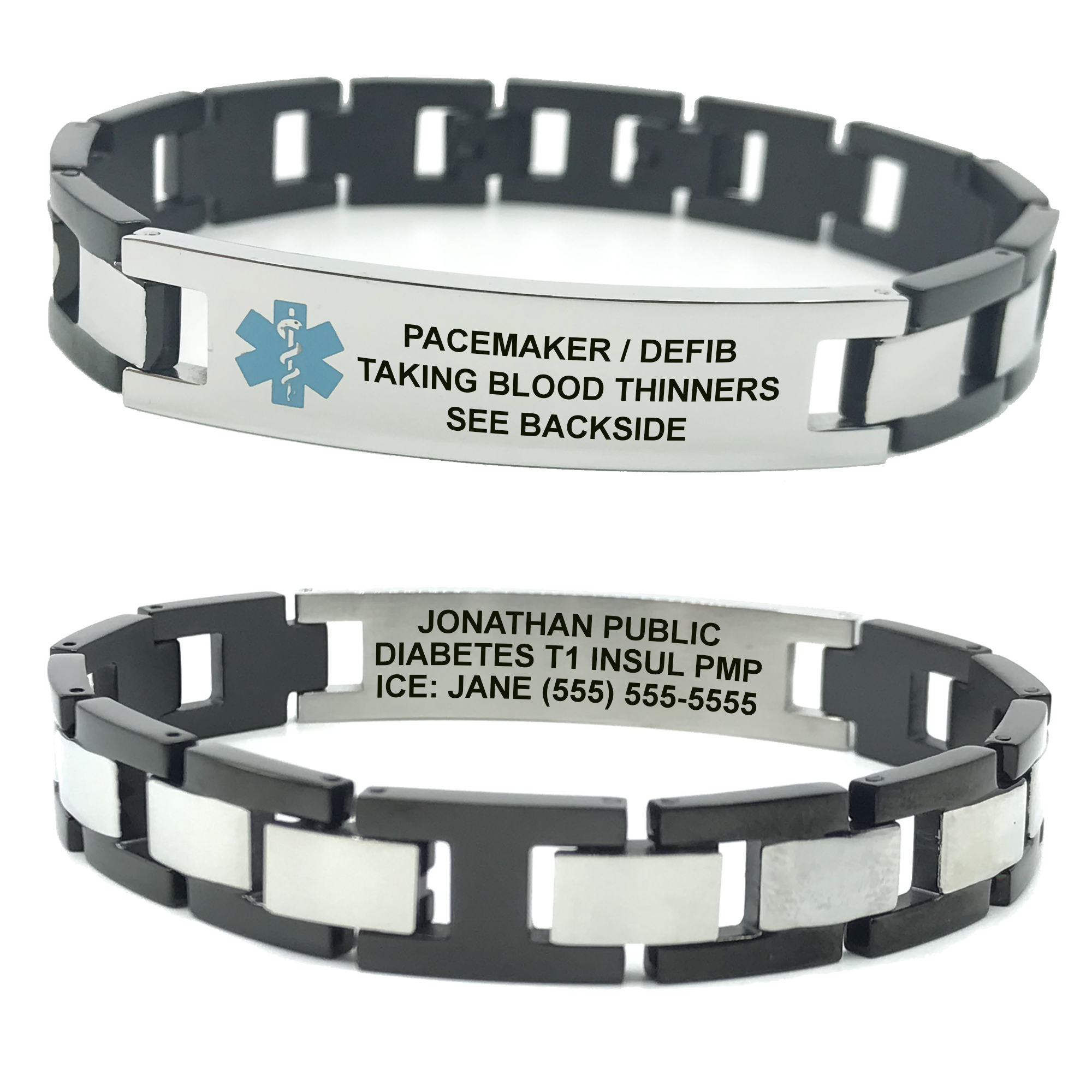 Stainless Steel Box Link Medical Alert ID Bracelet with Black Accents ...