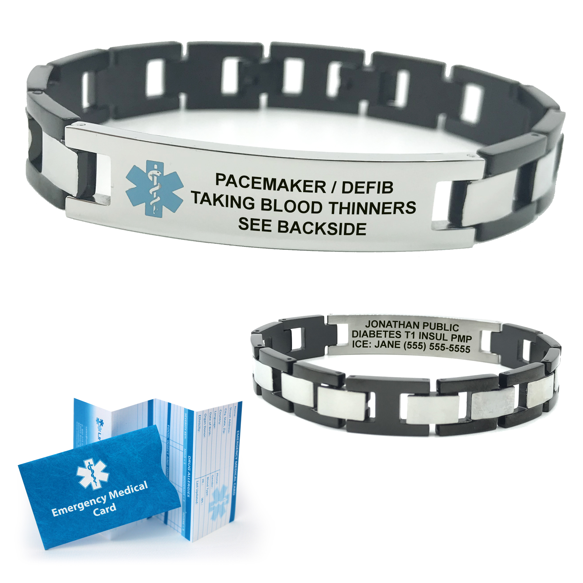 Stainless Steel Box Link Medical Alert ID Bracelet With Black Accents ...