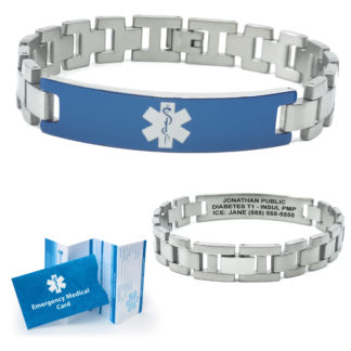 Translucent Blue Box Link Medical Alert ID Bracelet. Custom Engraved