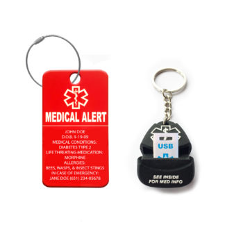 Red Back Pack tag with black Key Chain storing a USB