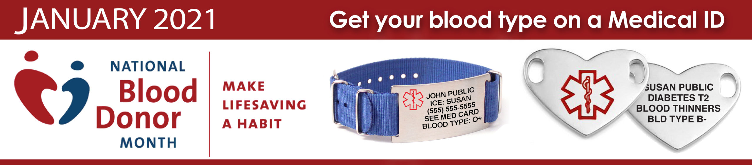 blood donor month January with medical ID bracelet in blue