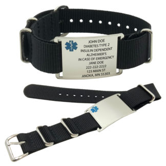 Medical Alert Bracelet Black Nylon Nato Bracelet