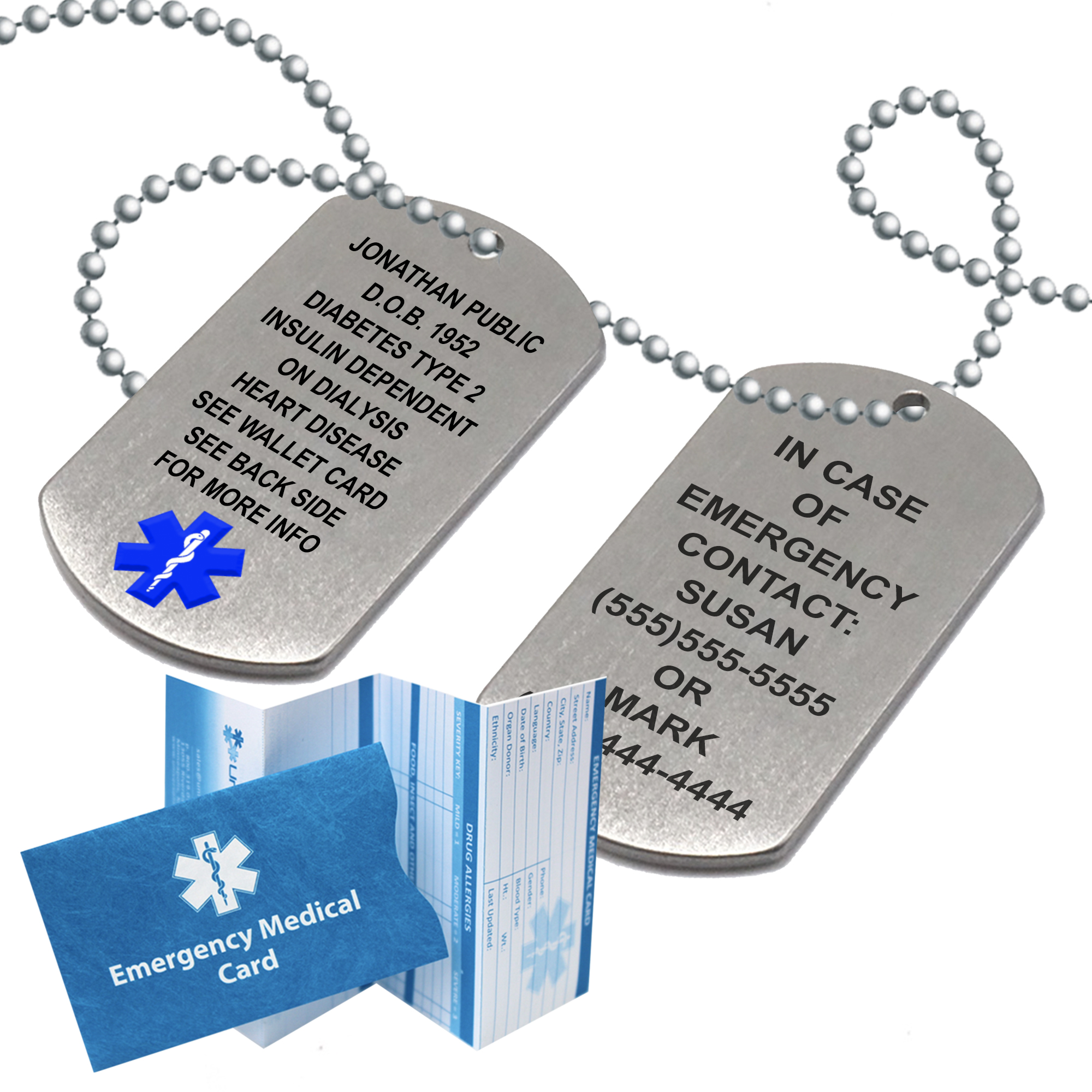 MOWOM Medical Alert Dog Tag Pendant Necklace Custom Engraved Name Date ID Stainless Steel Sleeve 24 Inches Chain for Man 20 Inches Chain for Women Silencer Bundle with 5 Items: Emergency Card 