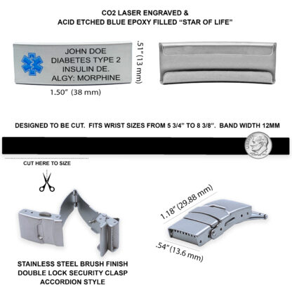 Narrow silicone sport medical alert bracelet with 4 lines of custom engraving on a matte-finished plate. Features a blue Star of Life symbol and a secure fold-lock clasp for easy wear