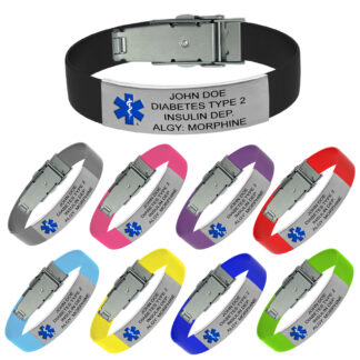 Narrow silicone sport medical alert bracelet with 4 lines of custom engraving on a matte-finished plate. Features a blue Star of Life symbol and a secure fold-lock clasp for easy wear