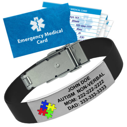 Autism medical bracelet with puzzle piece design and engraved medical alert symbol, providing important health information