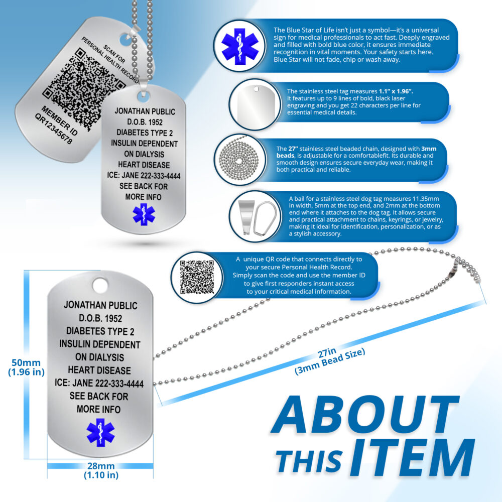 QR Stainless Steel Dog Tag Medical ID Necklace | Health Record