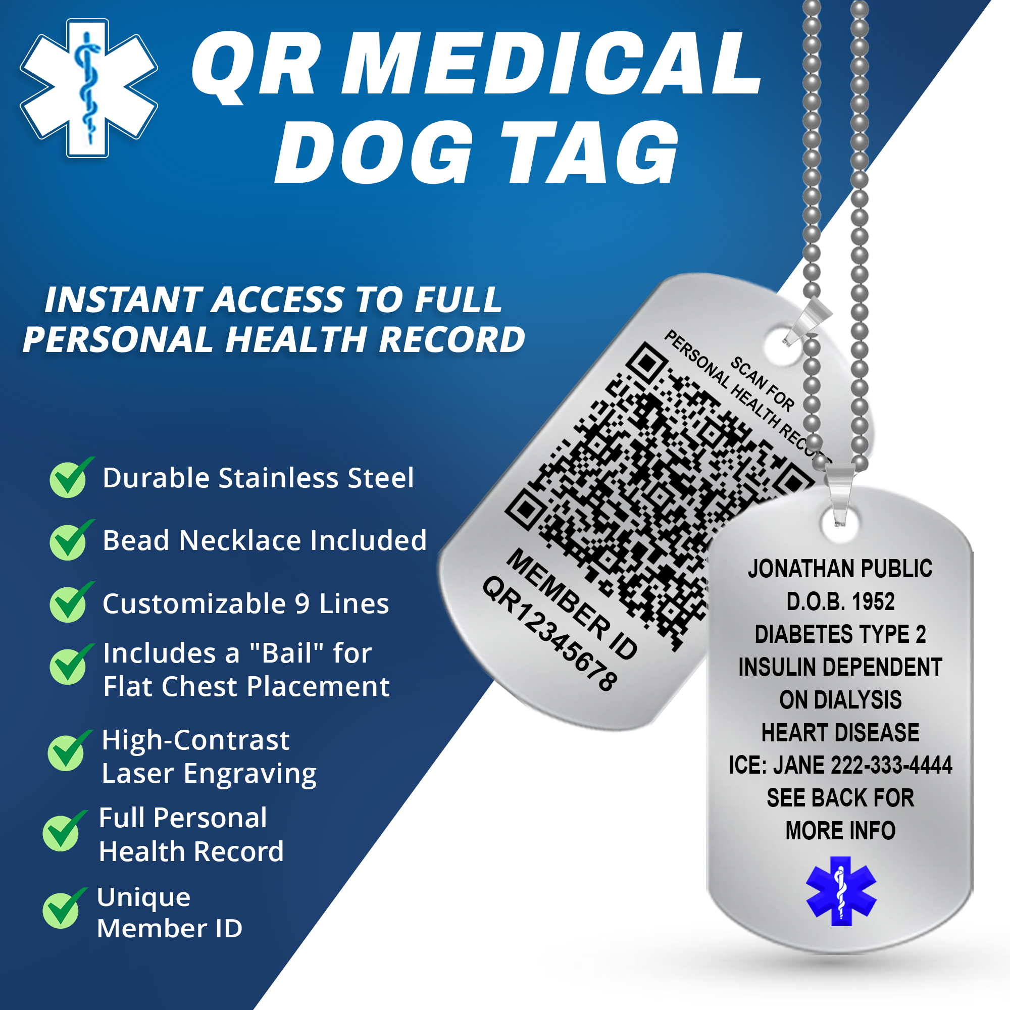 QR Medical Alert Dog Tags Necklace for Men – Waterproof