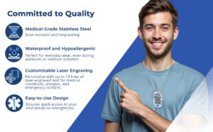 Smiling man wearing a stainless steel medical alert dog tag necklace with engraved emergency medical details, highlighting durable, waterproof, and hypoallergenic design.