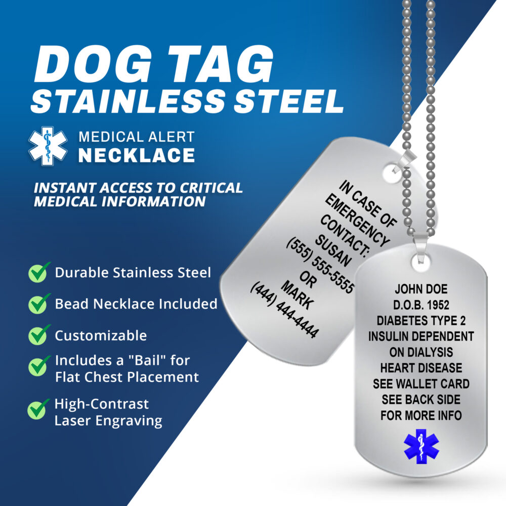 Stainless Steel Dog Tag Medical ID Necklace. Includes 27" Chain