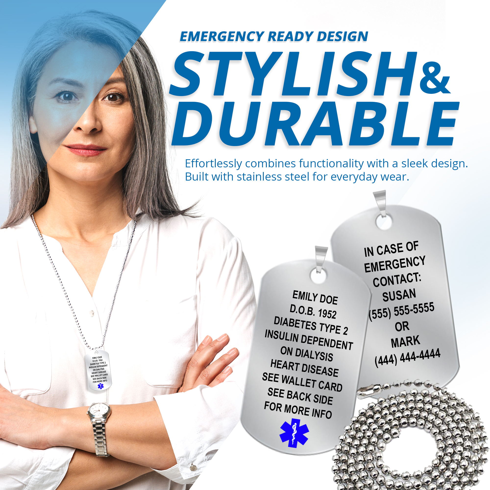 Woman wearing a stainless steel medical alert dog tag necklace with custom engraving showing medical information and emergency contact details, featuring durable bead chain and high-contrast engraving.