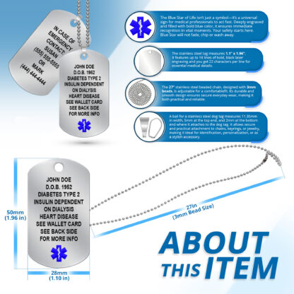 Stainless Steel Dog Tag Medical ID Necklace. Includes 27" Chain