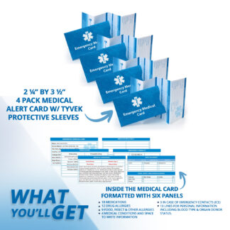 A set of four blue Emergency Medical Alert Cards with fold-out six-panel designs and Tyvek protective sleeves, displaying sections for medications, allergies, medical conditions, and emergency contacts.