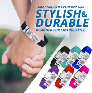 Black silicone medical ID bracelet with engraved stainless-steel tag and QR code — stylish, durable, and customizable emergency alert wristband for everyday wear.
