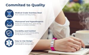 Premium Medical ID Bracelet – waterproof, hypoallergenic, and rust-resistant medical alert wristband made from medical-grade stainless steel. Designed for comfort, durability, and quick access to vital medical information.