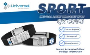 Sport Medical Alert Bracelet with QR Code – customizable, waterproof, and hypoallergenic silicone medical ID wristband with engraved stainless steel plate for instant access to health information.