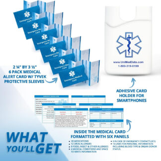 A set of six blue Emergency Medical Alert Cards with fold-out six-panel designs and Tyvek protective sleeves, displaying sections for medications, allergies, medical conditions, and emergency contacts.