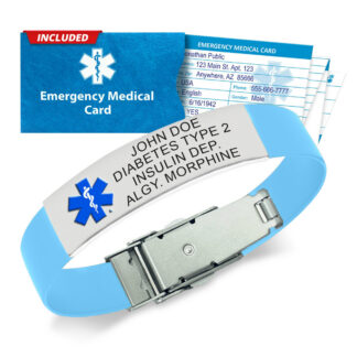 Medical alert bracelet and medical ID alert bracelet with light blue silicone band, engraved stainless steel plate, secure clasp, and included emergency medical card for quick identification