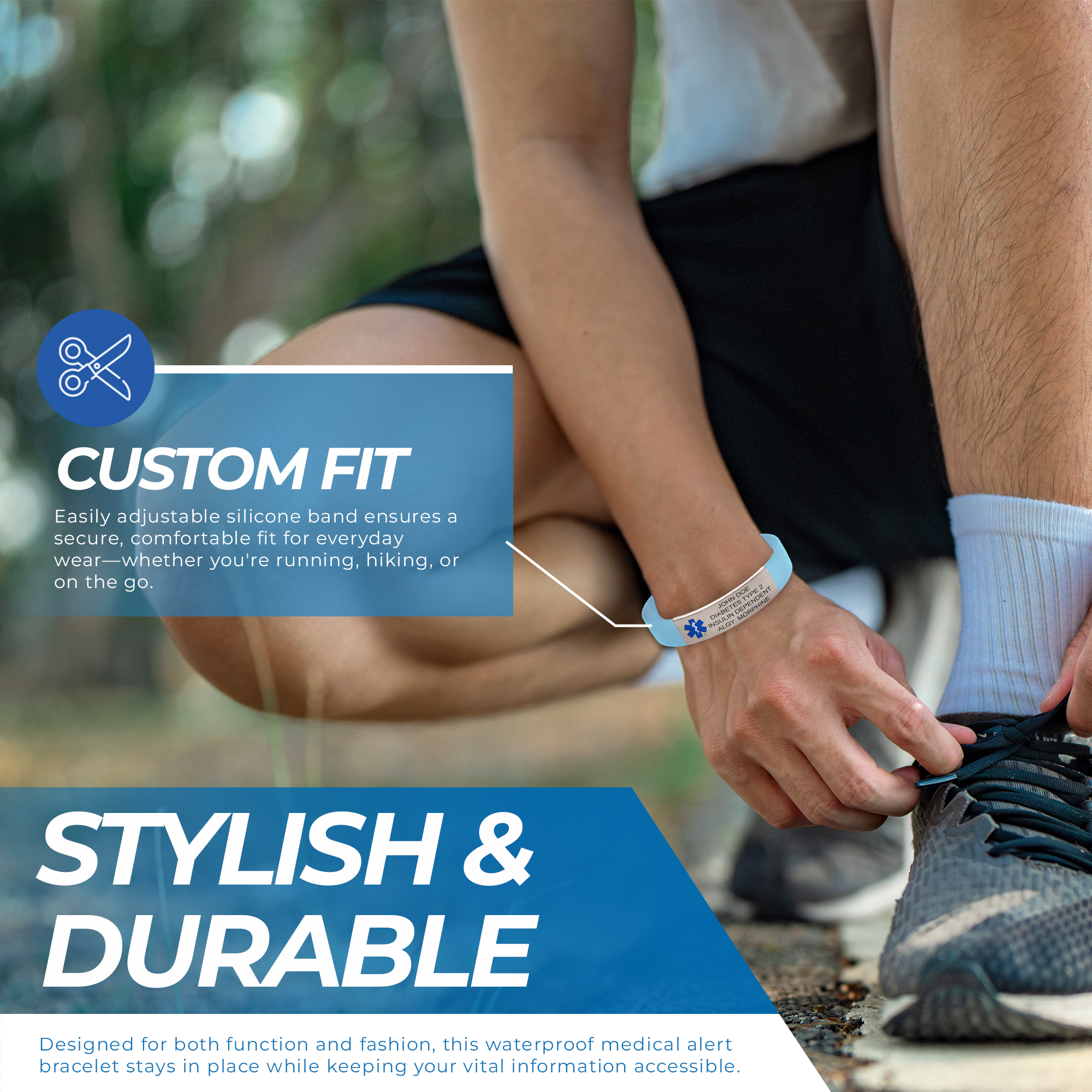 Highly visible medical ID bracelet with light blue silicone band and engraved stainless steel plate worn during outdoor activity for quick recognition by first responders