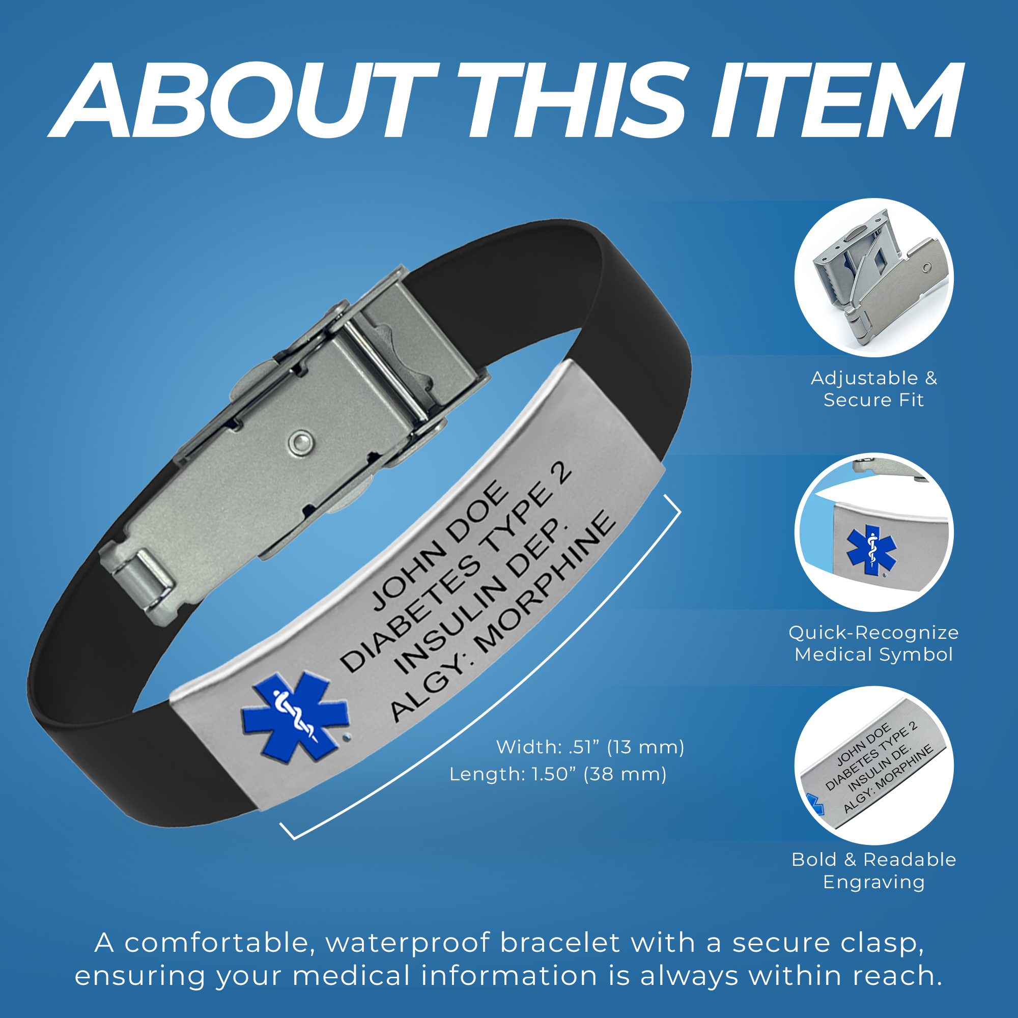 Slim black medical ID bracelet with adjustable silicone band, engraved stainless steel plate, secure clasp, and quick-recognition medical symbol shown with size and feature callouts