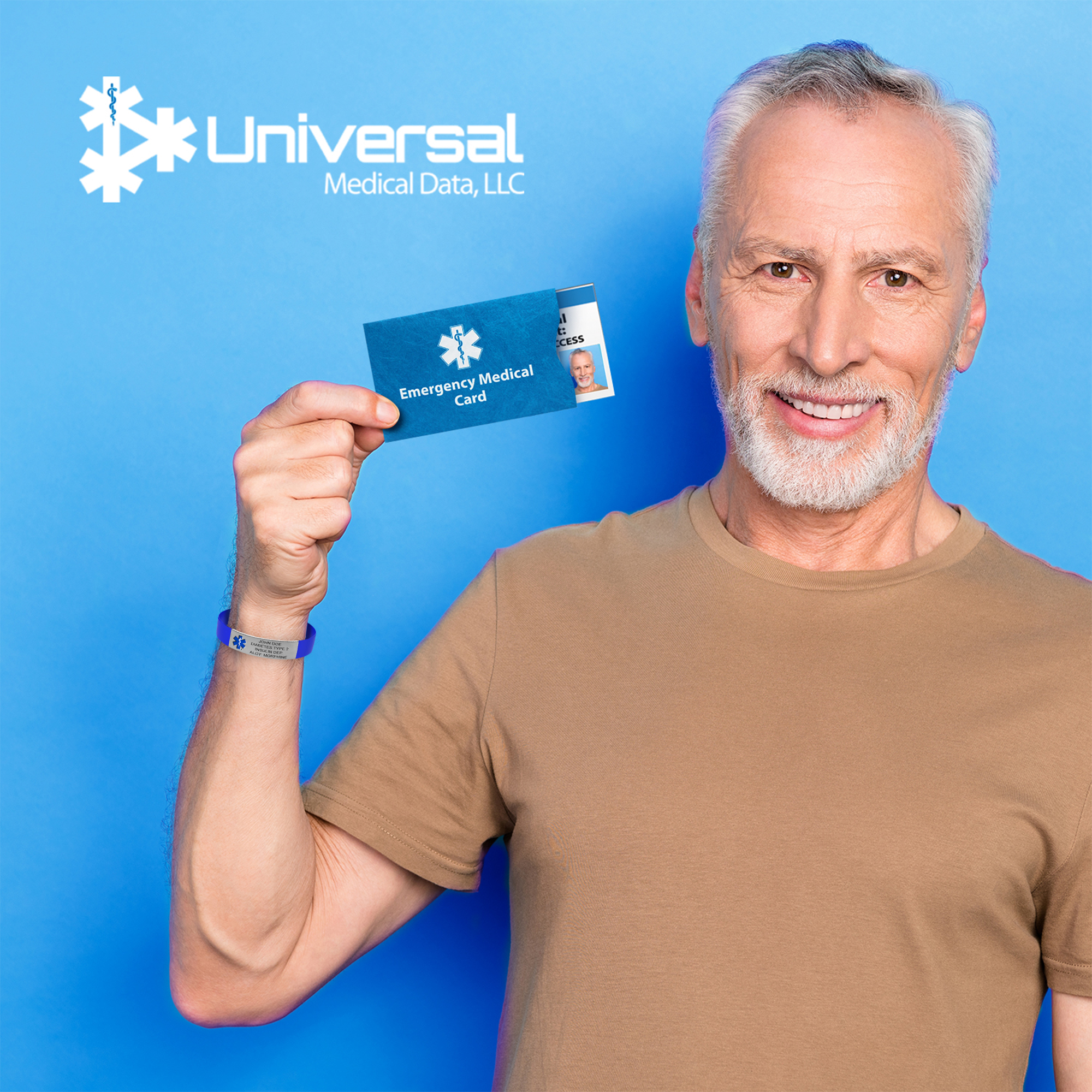 Man wearing a medical ID bracelet and holding an emergency medical card from Universal Medical Data, demonstrating personal health record access and emergency preparedness