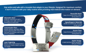 Sport slim medical alert bracelet with adjustable waterproof reversible silicone band, custom engraved stainless steel plate, secure clasp, hypoallergenic materials, and laser engraving for emergency medical ID information