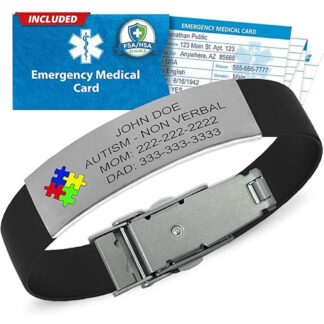 Autism medical alert bracelet with engraved stainless steel ID plate, black silicone band, secure clasp, and included emergency medical card for nonverbal child safety and emergency contact information