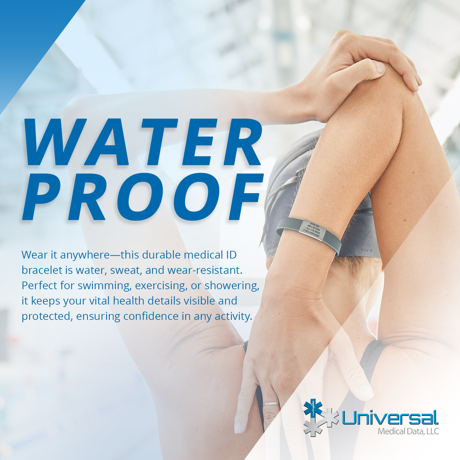 Waterproof medical alert ID bracelet with engraved stainless steel plate and silicone band, designed for swimming, showering, workouts, and active lifestyles with sweat and wear resistance water resistant medical ID bracelet, silicone medical alert wristband, sport medical bracelet, fitness medical ID, durable medical alert bracelet