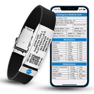 QR EMC Sport medical alert ID bracelet with engraved plate and scannable QR code showing emergency medical card on smartphone screen
