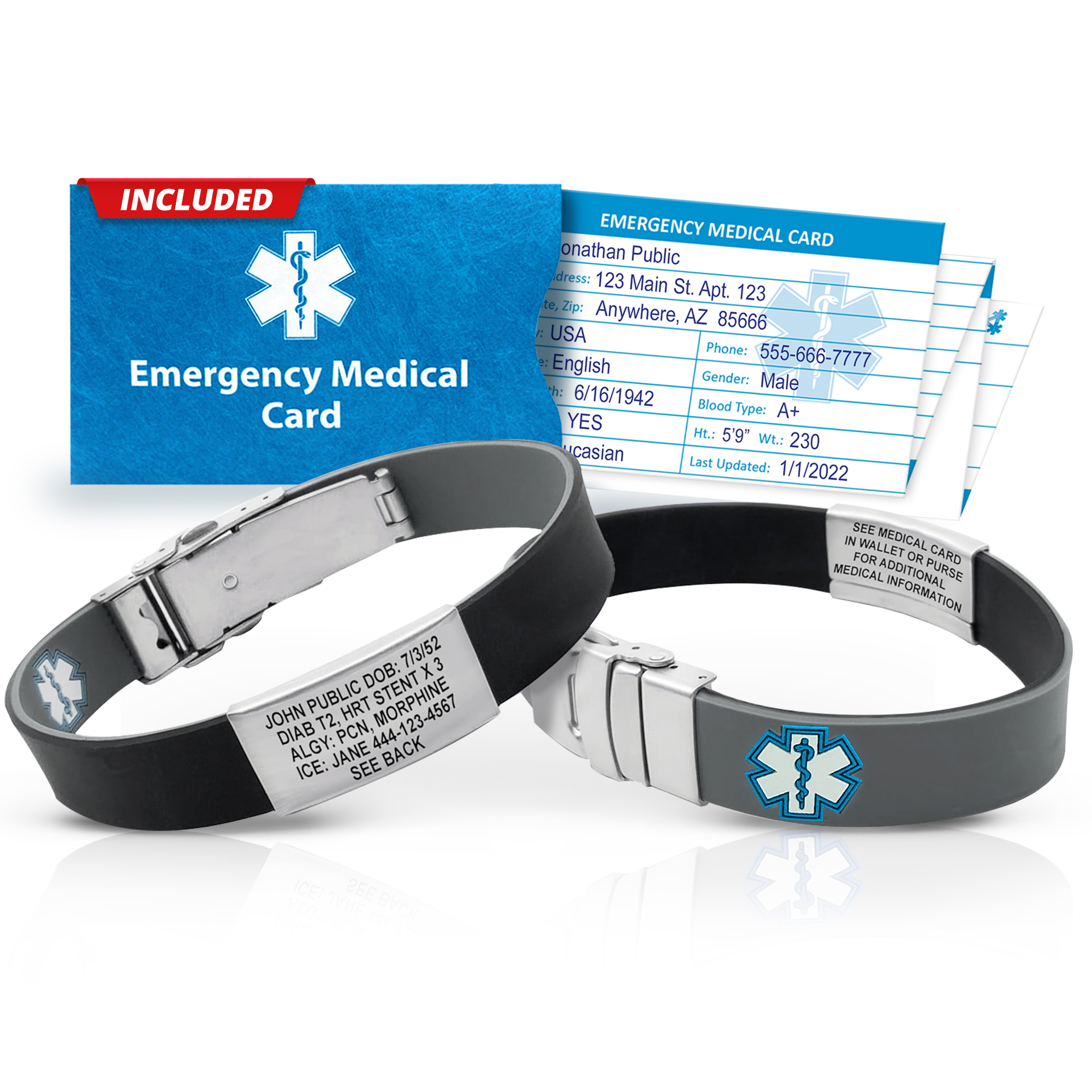Reversible sport slim medical alert bracelet with engraved stainless steel ID plate and waterproof silicone band, includes emergency medical card for wallet with personal health information and ICE contact details medical ID wristband, emergency medical card, ICE contact, wallet card, first responder info