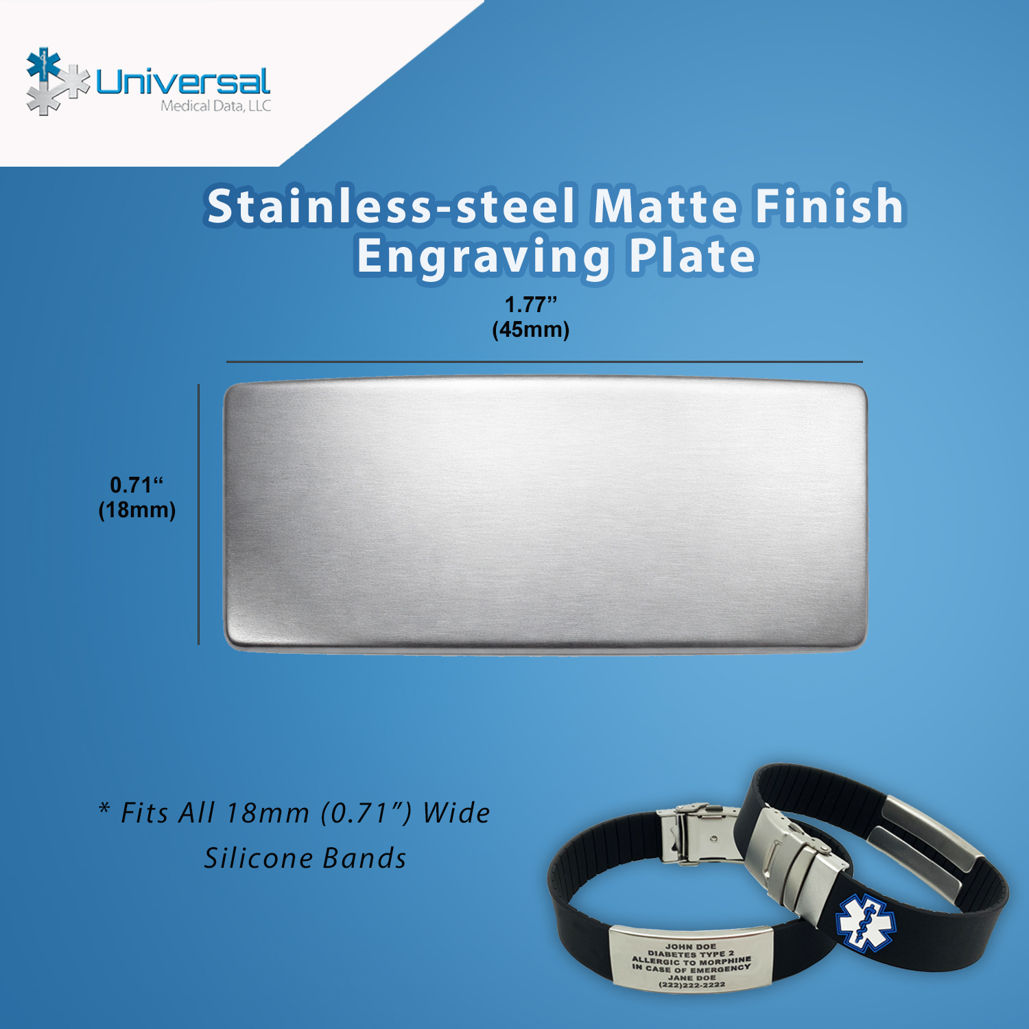 45mm stainless steel matte finish medical ID engraving plate, blank replacement plate sized for Universal Medical Data 18mm silicone bands.